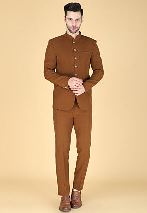 Hand Embroidered Polyester Jodhpuri Suit in Brown