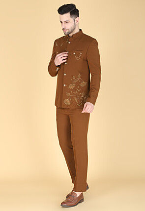 Hand Embroidered Polyester Jodhpuri Suit in Brown