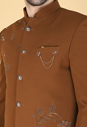 Hand Embroidered Polyester Jodhpuri Suit in Brown