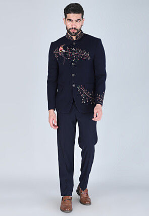 Hand Embroidered Polyester Jodhpuri Suit in Navy Blue