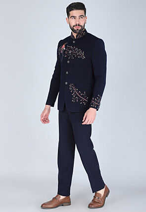 Hand Embroidered Polyester Jodhpuri Suit in Navy Blue