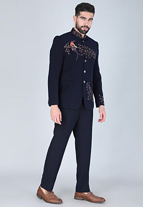 Hand Embroidered Polyester Jodhpuri Suit in Navy Blue