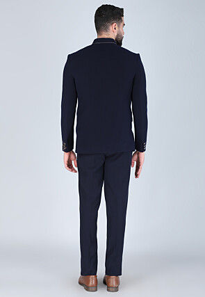 Hand Embroidered Polyester Jodhpuri Suit in Navy Blue