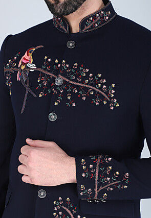 Hand Embroidered Polyester Jodhpuri Suit in Navy Blue