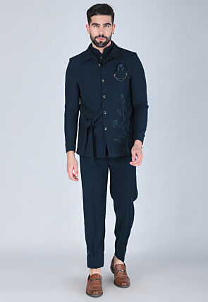 Hand Embroidered Polyester Jodhpuri Suit in Teal Green