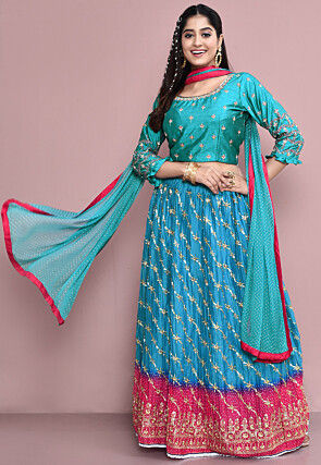 Hand Embroidered Polyester Lehenga in Blue