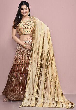 Hand Embroidered Polyester Lehenga in Shaded Beige and Brown