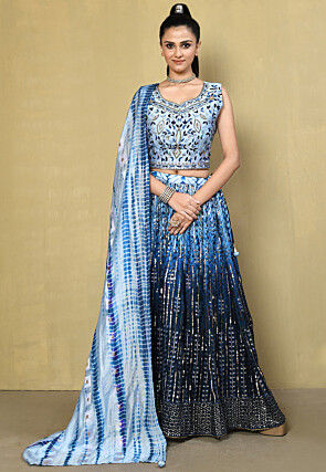 Hand Embroidered Polyester Lehenga in Shaded Blue