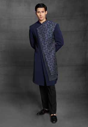 Hand Embroidered Polyester Sherwani in Navy Blue