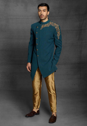 Hand Embroidered Polyester Sherwani in Teal Blue