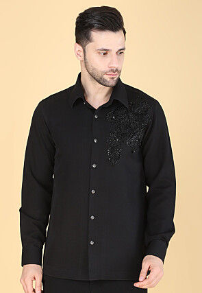 Hand Embroidered Polyester Shirt in Black