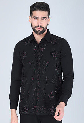 Hand Embroidered Polyester Shirt in Black