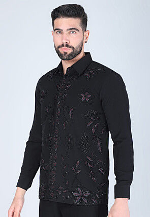 Hand Embroidered Polyester Shirt in Black