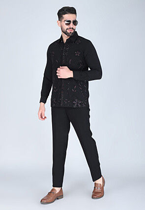 Hand Embroidered Polyester Shirt in Black