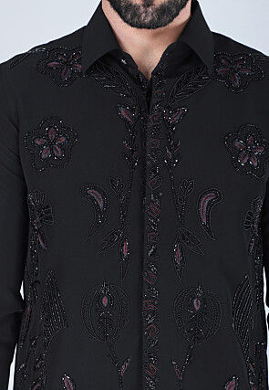 Hand Embroidered Polyester Shirt in Black