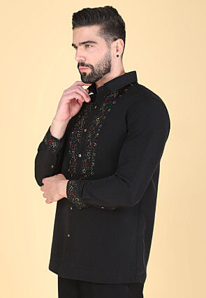 Hand Embroidered Polyester Shirt in Black