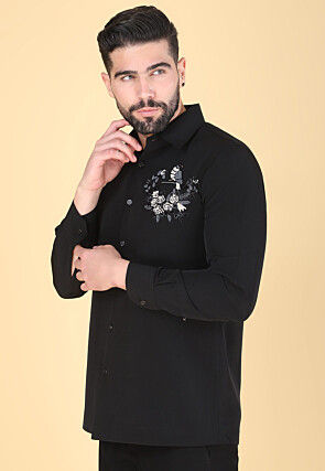 Hand Embroidered Polyester Shirt in Black