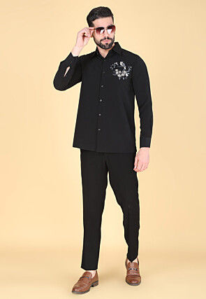Hand Embroidered Polyester Shirt in Black
