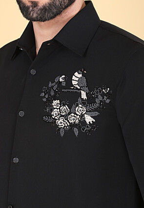 Hand Embroidered Polyester Shirt in Black