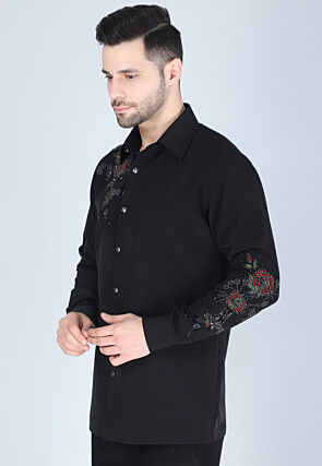 Hand Embroidered Polyester Shirt in Black