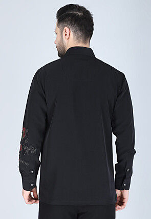 Hand Embroidered Polyester Shirt in Black