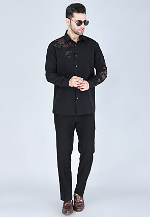 Hand Embroidered Polyester Shirt in Black