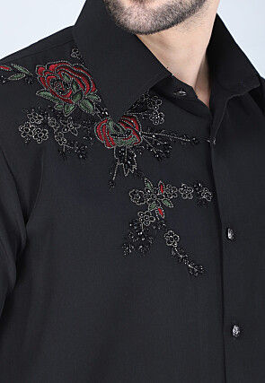 Hand Embroidered Polyester Shirt in Black