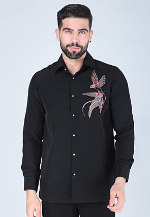Hand Embroidered Polyester Shirt in Black