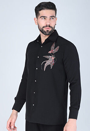 Hand Embroidered Polyester Shirt in Black