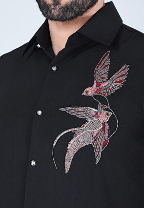 Hand Embroidered Polyester Shirt in Black