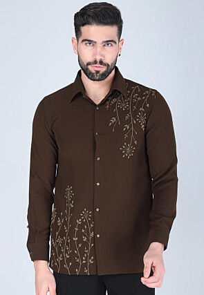 Hand Embroidered Polyester Shirt in Dark Brown