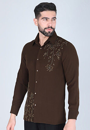 Hand Embroidered Polyester Shirt in Dark Brown