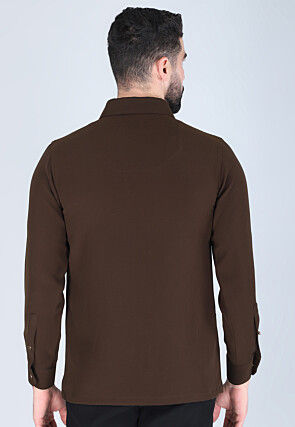 Hand Embroidered Polyester Shirt in Dark Brown