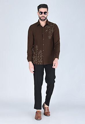Hand Embroidered Polyester Shirt in Dark Brown