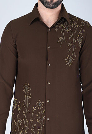 Hand Embroidered Polyester Shirt in Dark Brown