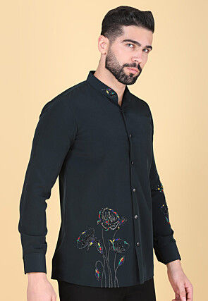 Hand Embroidered Polyester Shirt in Dark Green