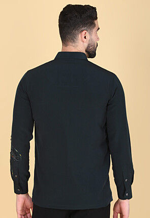 Hand Embroidered Polyester Shirt in Dark Green