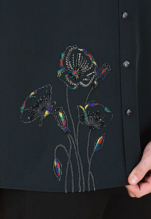 Hand Embroidered Polyester Shirt in Dark Green