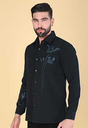 Hand Embroidered Polyester Shirt in Dark Green