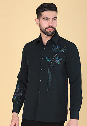 Hand Embroidered Polyester Shirt in Dark Green