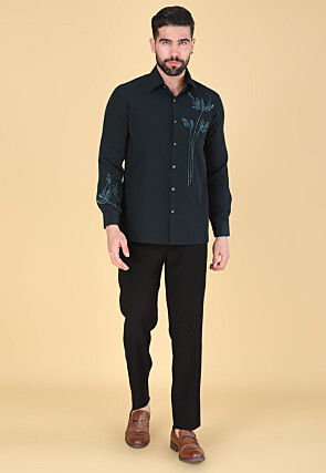 Hand Embroidered Polyester Shirt in Dark Green