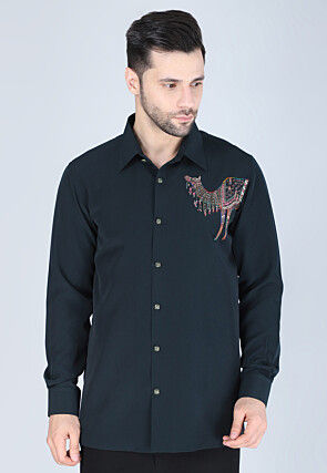 Hand Embroidered Polyester Shirt in Dark Green
