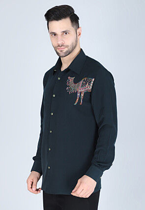 Hand Embroidered Polyester Shirt in Dark Green