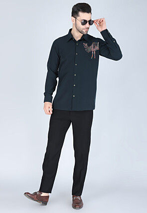 Hand Embroidered Polyester Shirt in Dark Green