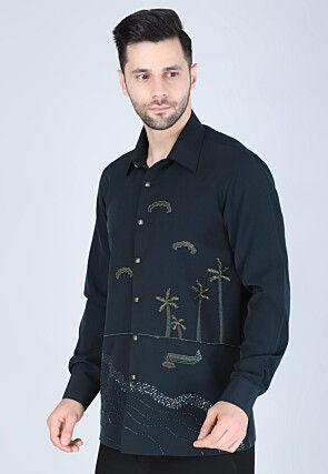Hand Embroidered Polyester Shirt in Dark Green