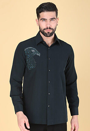 Hand Embroidered Polyester Shirt in Dark Teal Green