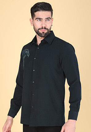 Hand Embroidered Polyester Shirt in Dark Teal Green