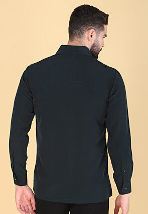 Hand Embroidered Polyester Shirt in Dark Teal Green