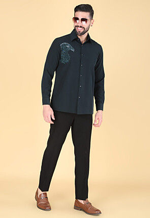 Hand Embroidered Polyester Shirt in Dark Teal Green