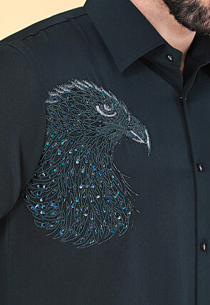 Hand Embroidered Polyester Shirt in Dark Teal Green